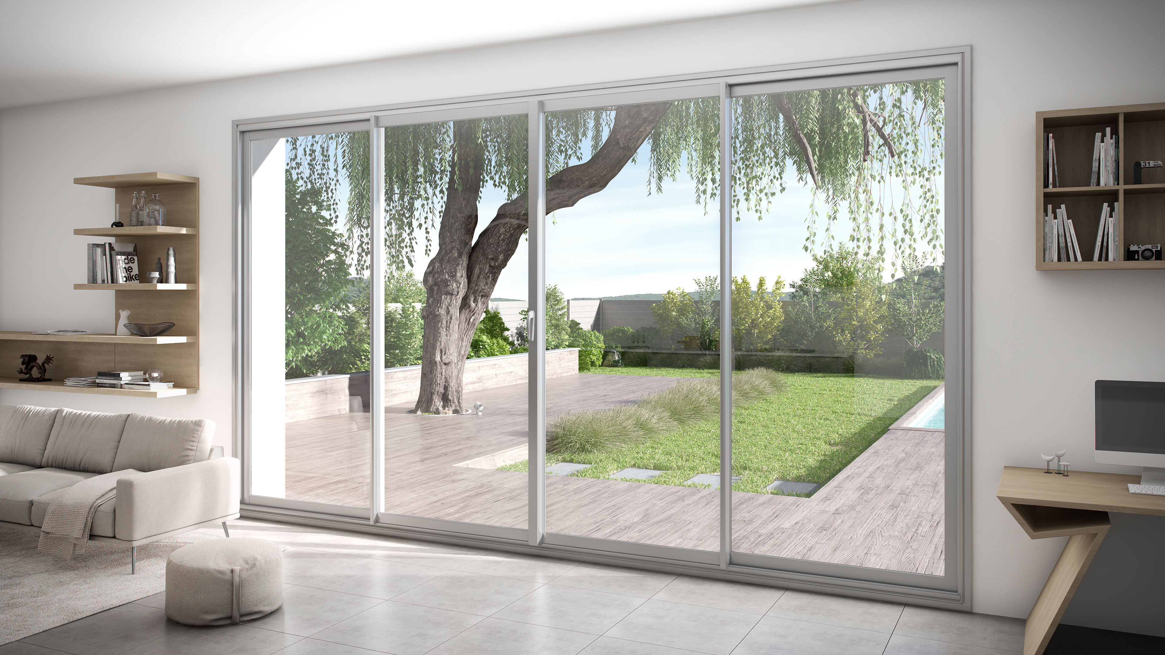 Grande baie vitrée aluminium sur maison contemporaine en Gironde, vue extérieure